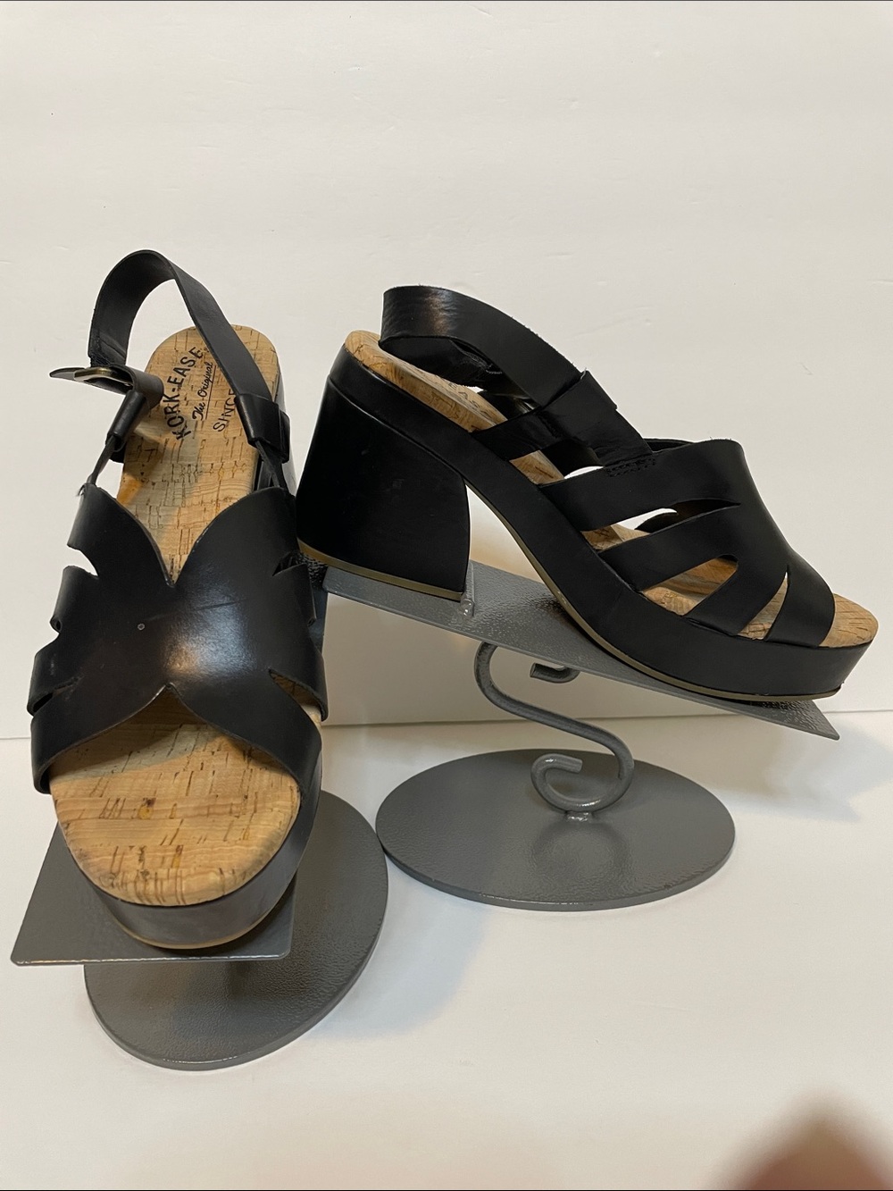 Kork-Ease Black Leather Strappy Cork Platform Sandals